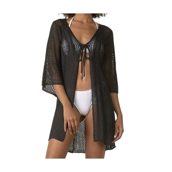Elan crochet kimono cardigan coverup black ties in front size XS NWT - Picture 3 of 13